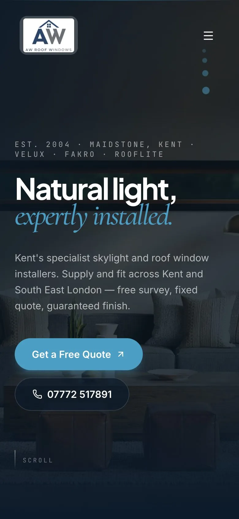 AW Roof Windows website on a phone