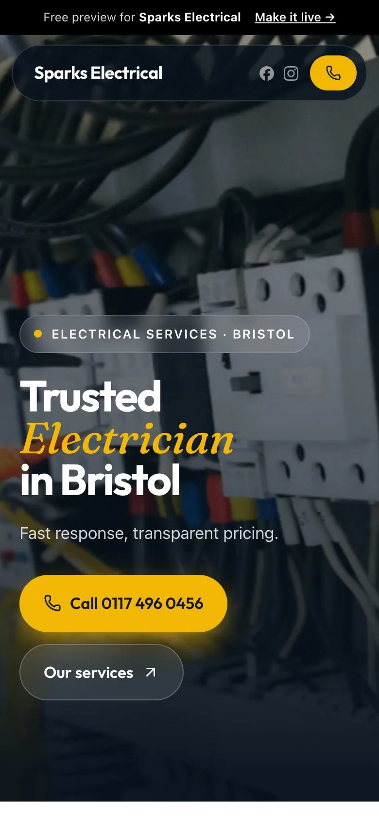 Example electricians website (Sparks Electrical) website on a phone