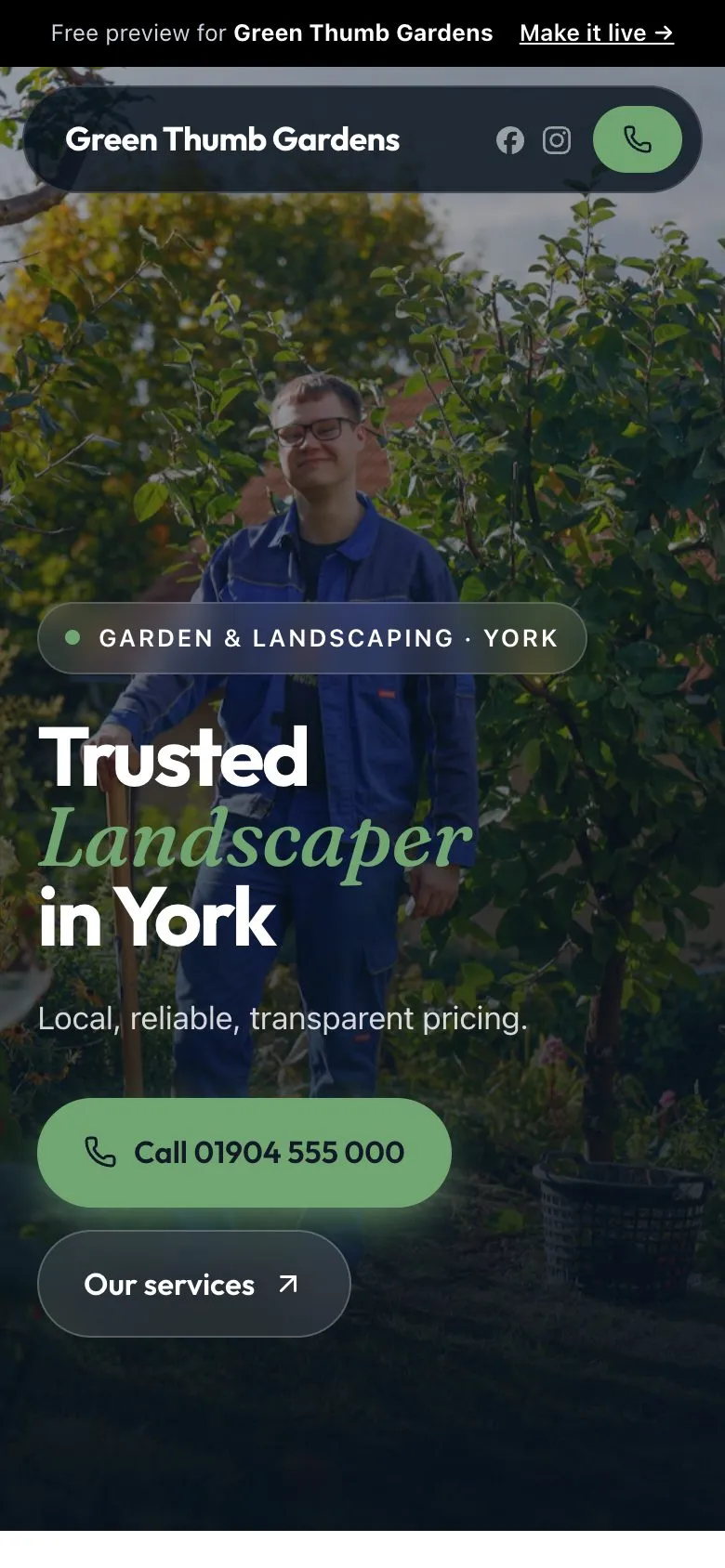 Example landscapers website (Green Thumb Gardens) website on a phone