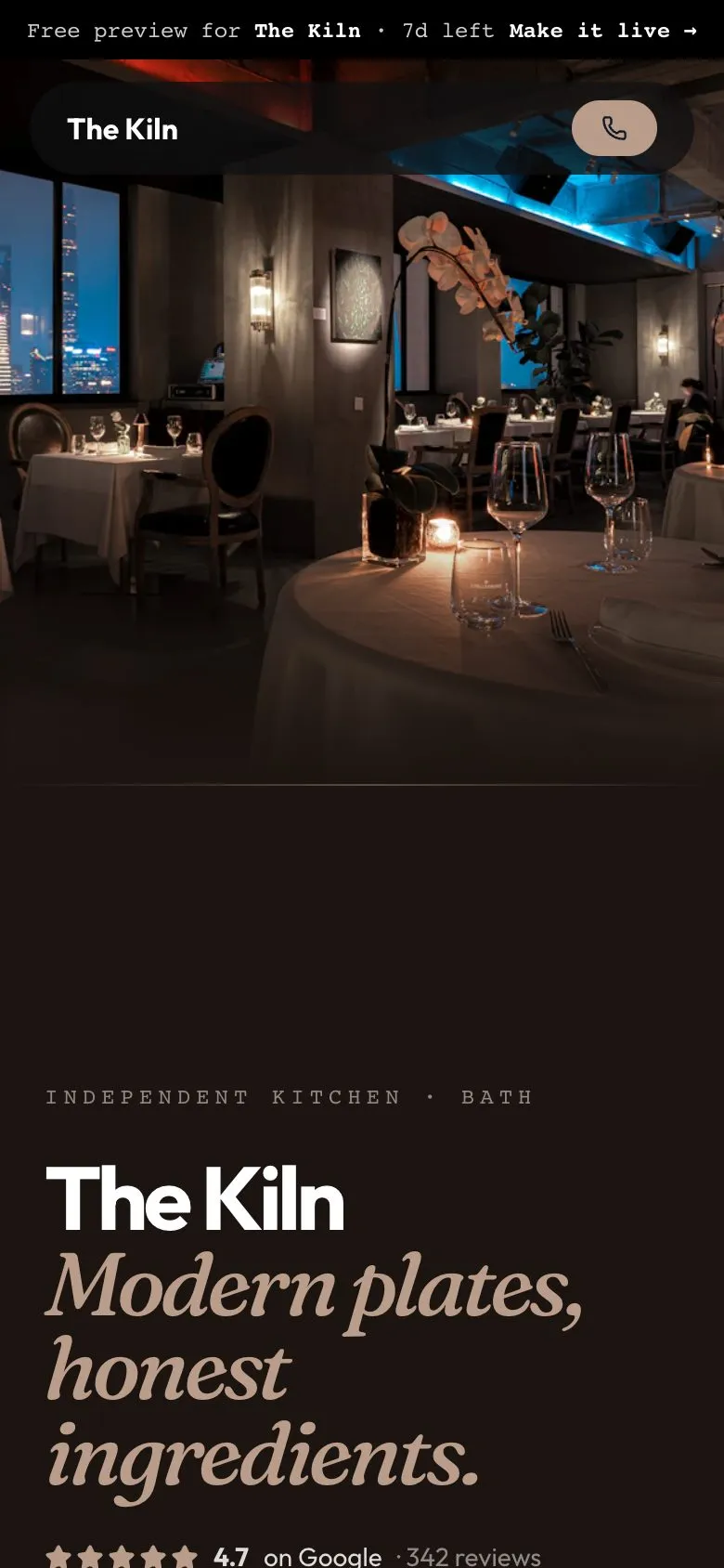 Example restaurants website (The Kiln) website on a phone