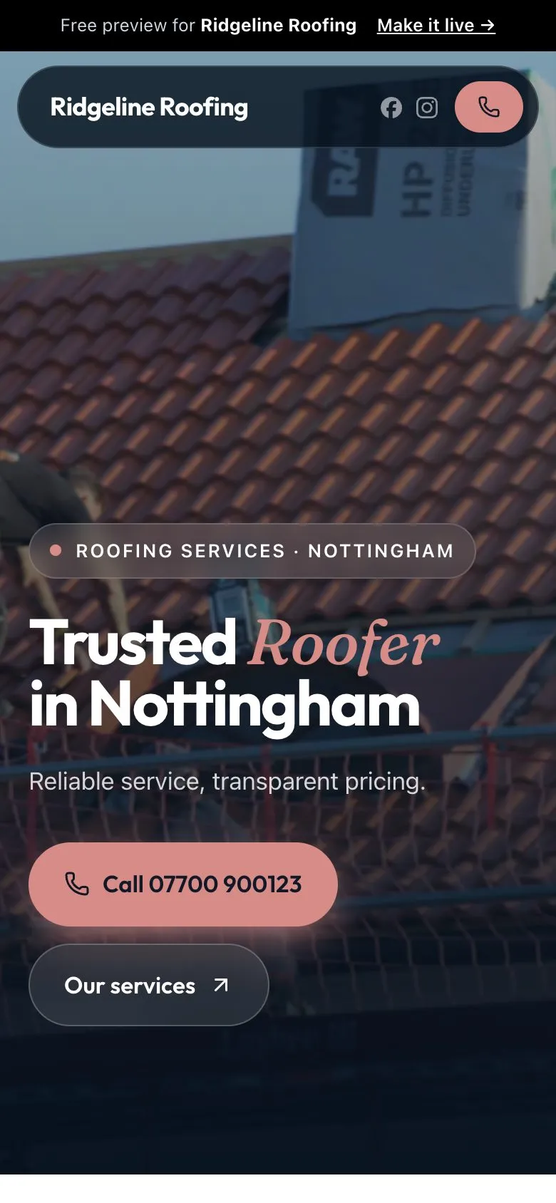 Example roofers website (Ridgeline Roofing) website on a phone