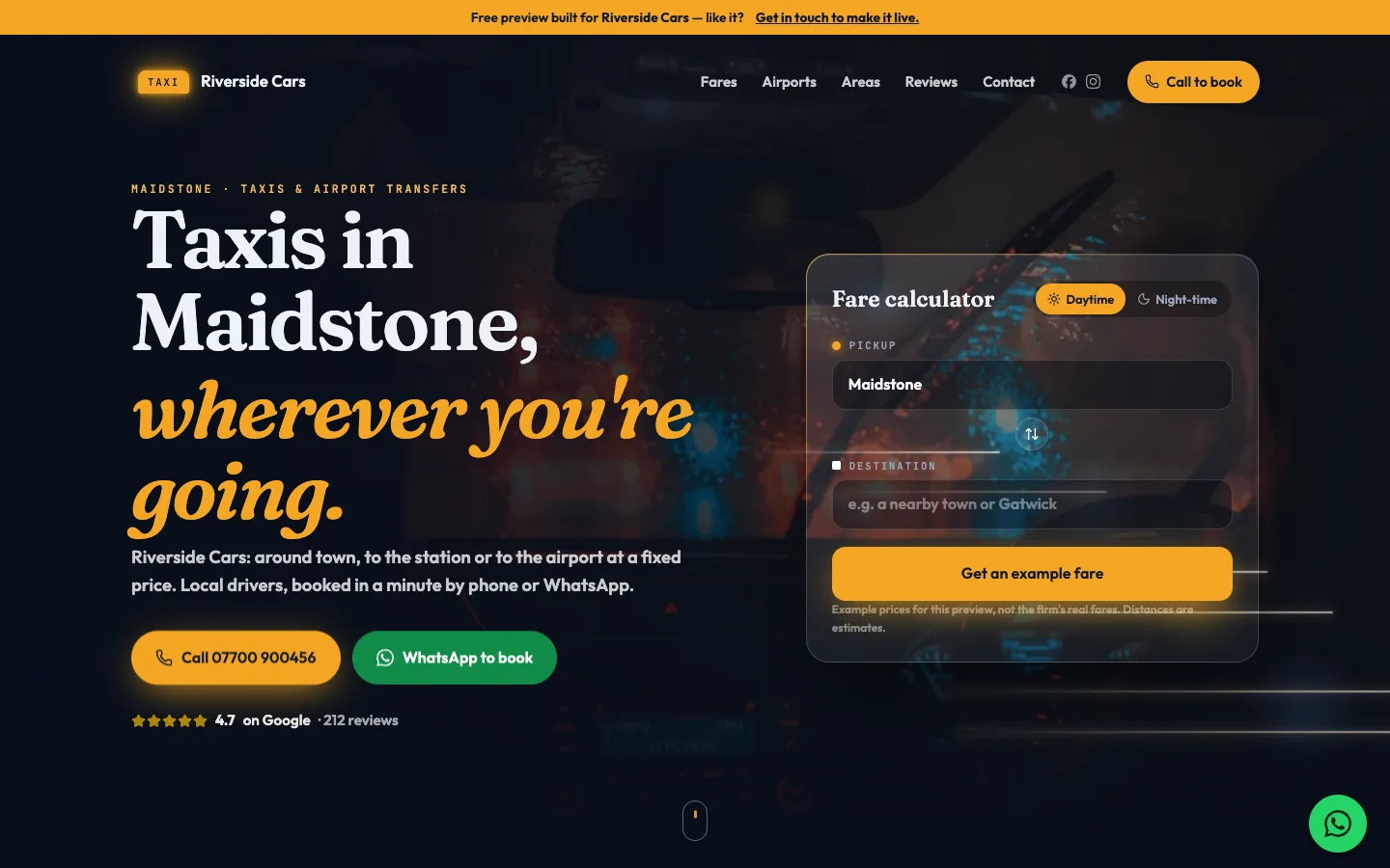 Example taxi firms website (Riverside Cars) website on a laptop