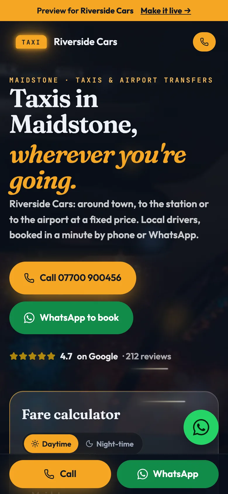 Example taxi firms website (Riverside Cars) website on a phone